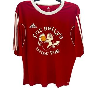 Adidas Men’s XL Climalite Soccer Tee Fat Belly’s Irish Pub Logo Stripe Sleeve